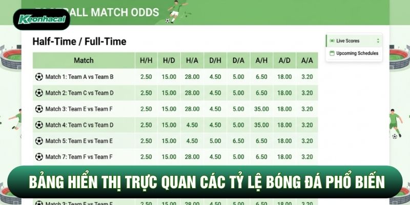 Bảng hiển thị trực quan các tỷ lệ bóng đá phổ biến