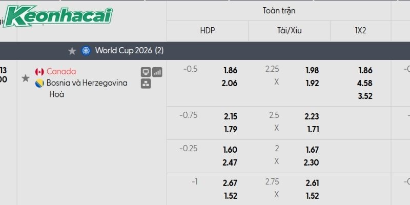 Tỷ lệ kèo Canada vs Bosnia và Herzegovina Tỷ lệ kèo Canada vs Bosnia và Herzegovina
